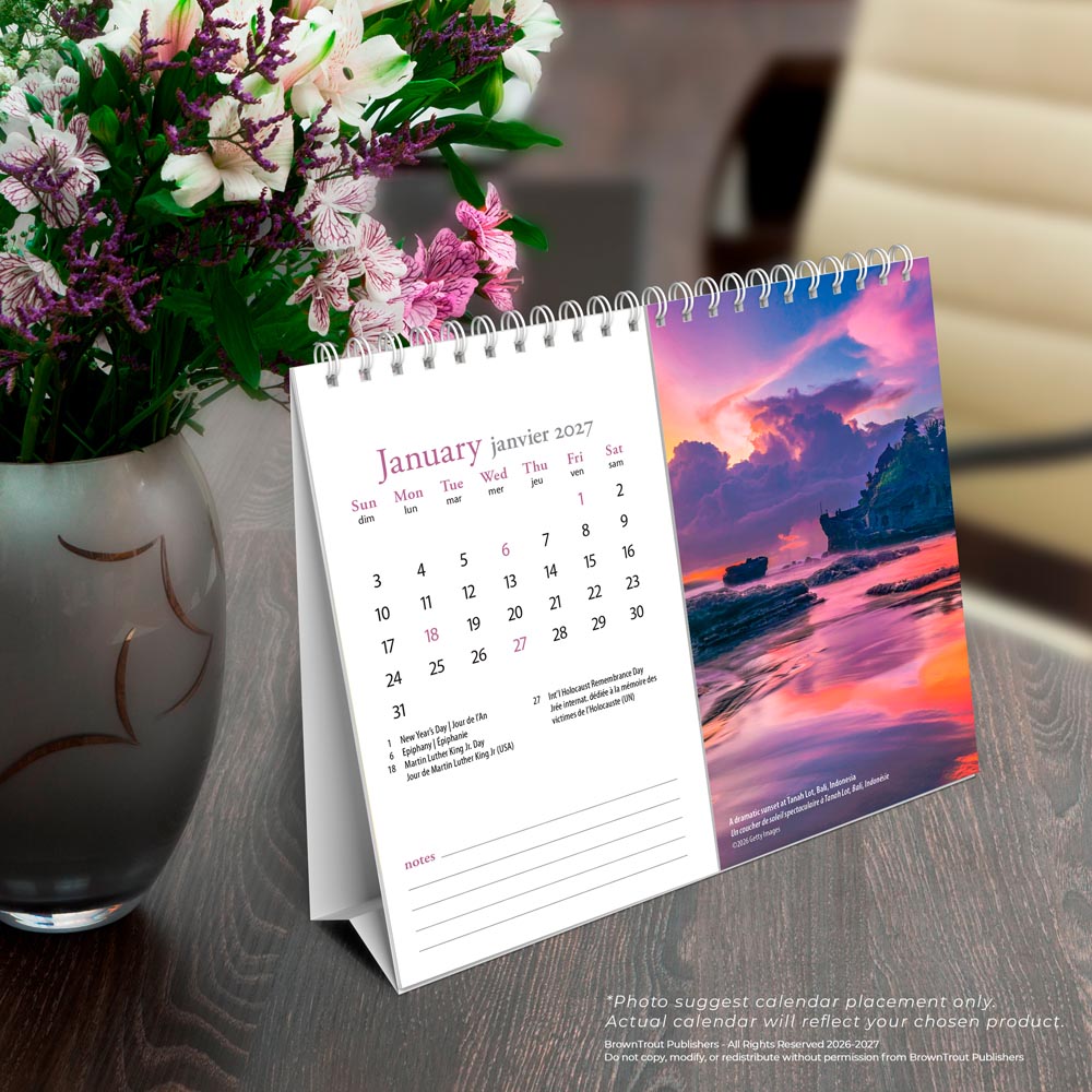 Beaches | 2027 7.5 x 6 Inch Monthly Double-View Easel Desk Calendar | English/French Bilingual