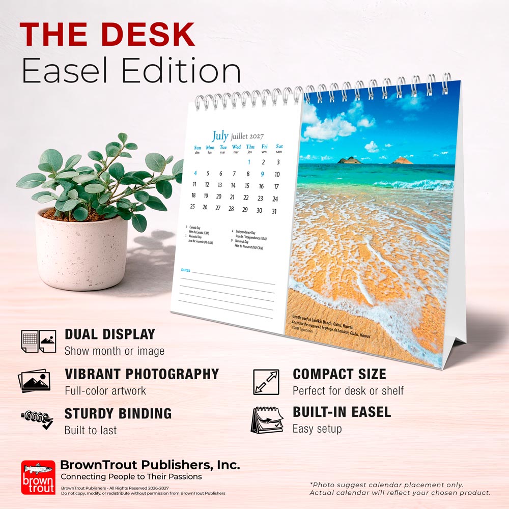 Beaches | 2027 7.5 x 6 Inch Monthly Double-View Easel Desk Calendar | English/French Bilingual
