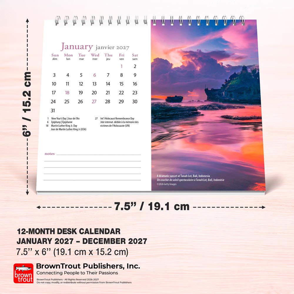 Beaches | 2027 7.5 x 6 Inch Monthly Double-View Easel Desk Calendar | English/French Bilingual