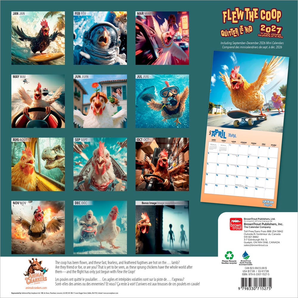 Flew the Coop | 2027 12 x 24 Inch (Hanging) Monthly Square Wall Calendar | English/French Bilingual