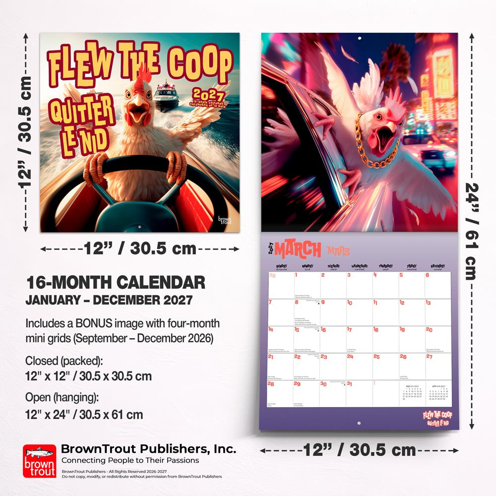 Flew the Coop | 2027 12 x 24 Inch (Hanging) Monthly Square Wall Calendar | English/French Bilingual