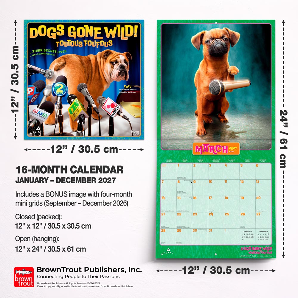 Avanti Dogs Gone Wild OFFICIAL | 2027 12 x 24 Inch (Hanging) Monthly Square Wall Calendar | English/French Bilingual