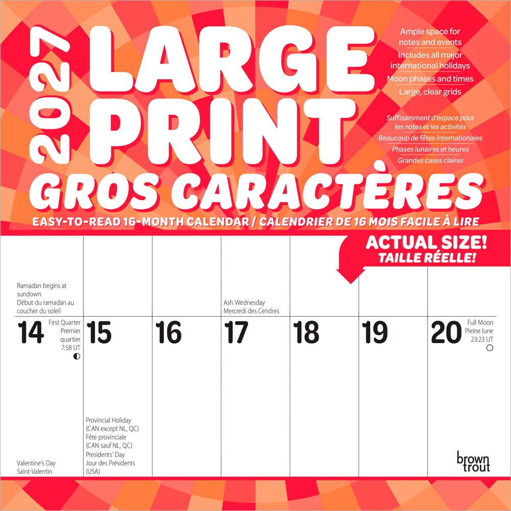 Large Print | 2027 12 x 24 Inch (Hanging) Monthly Square Wall Calendar | Matte Paper | English/French Bilingual