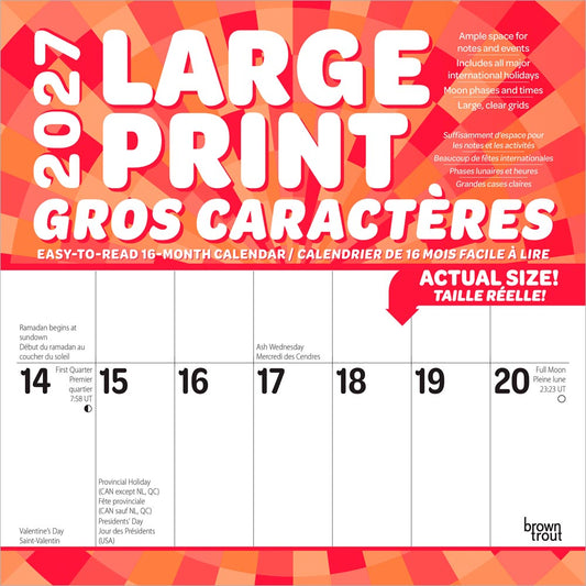 Large Print | 2027 12 x 24 Inch (Hanging) Monthly Square Wall Calendar | Matte Paper | English/French Bilingual