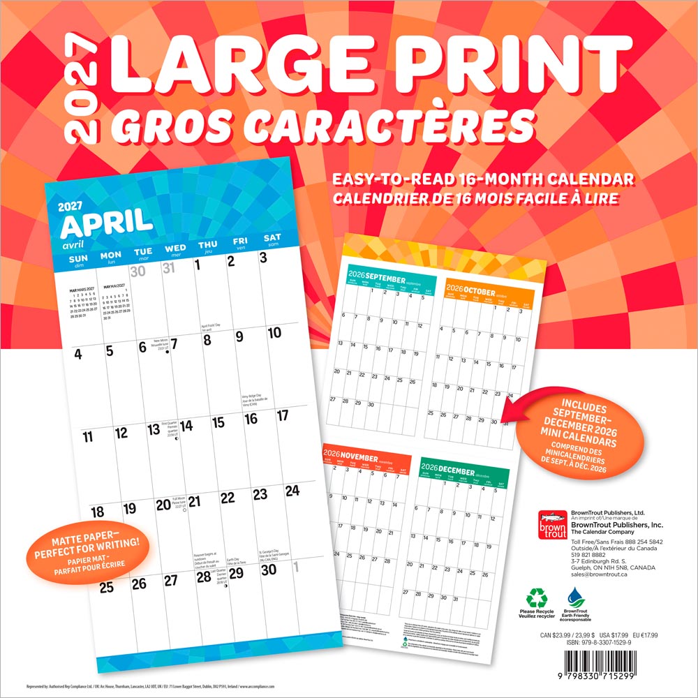 Large Print | 2027 12 x 24 Inch (Hanging) Monthly Square Wall Calendar | Matte Paper | English/French Bilingual