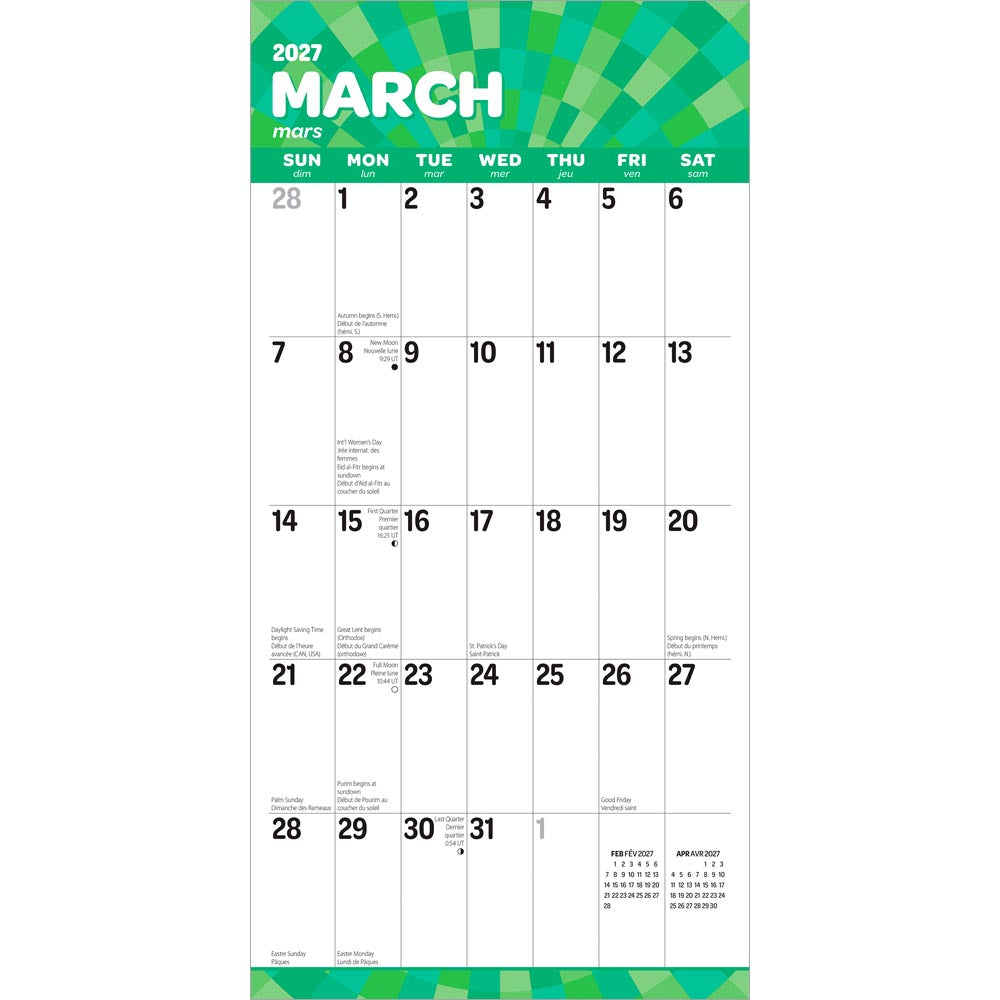 Large Print | 2027 12 x 24 Inch (Hanging) Monthly Square Wall Calendar | Matte Paper | English/French Bilingual