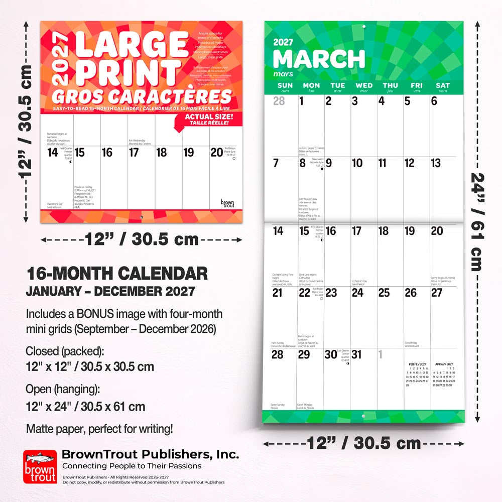 Large Print | 2027 12 x 24 Inch (Hanging) Monthly Square Wall Calendar | Matte Paper | English/French Bilingual