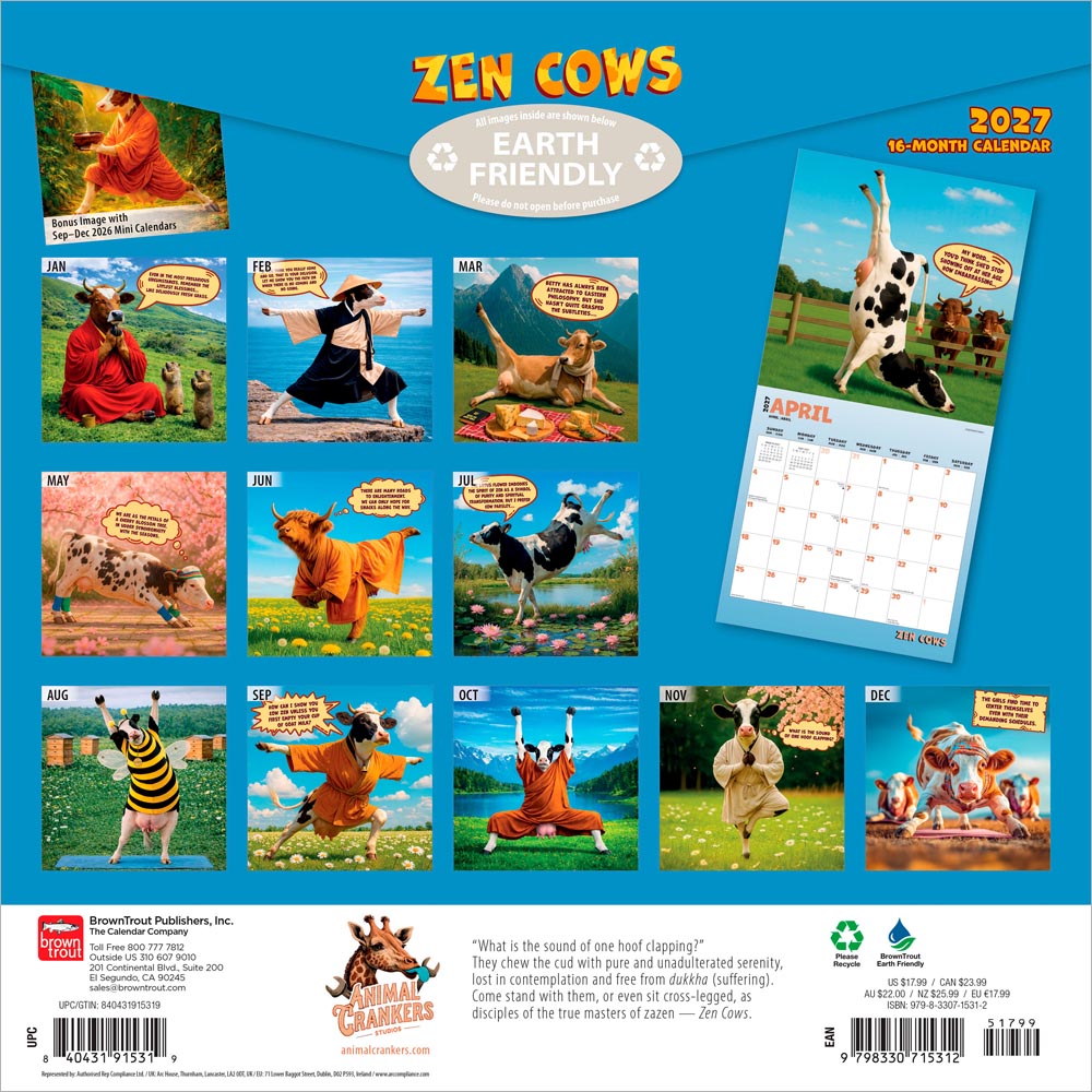 Zen Cows | 2027 12 x 24 Inch (Hanging) Monthly Square Wall Calendar