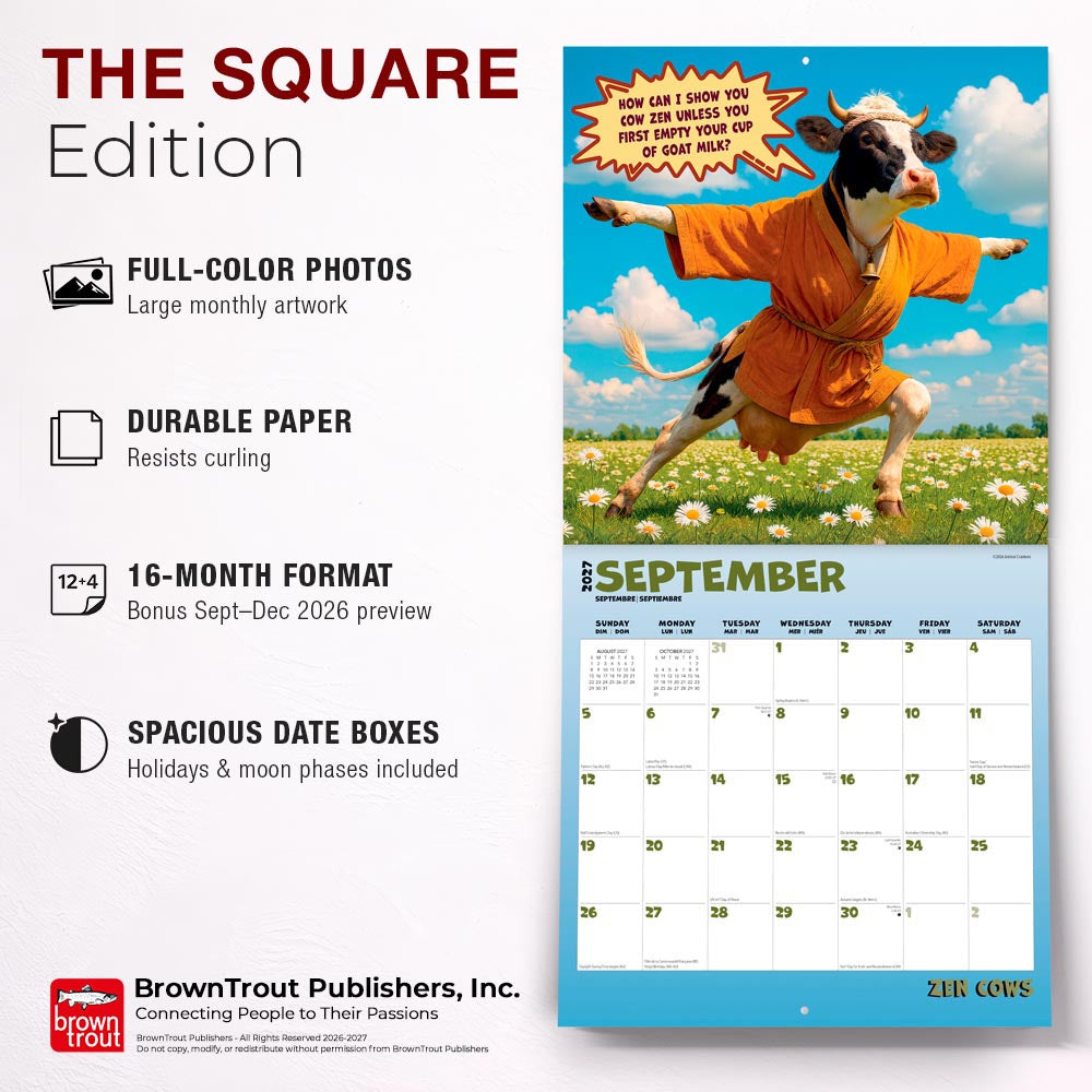 Zen Cows | 2027 12 x 24 Inch (Hanging) Monthly Square Wall Calendar
