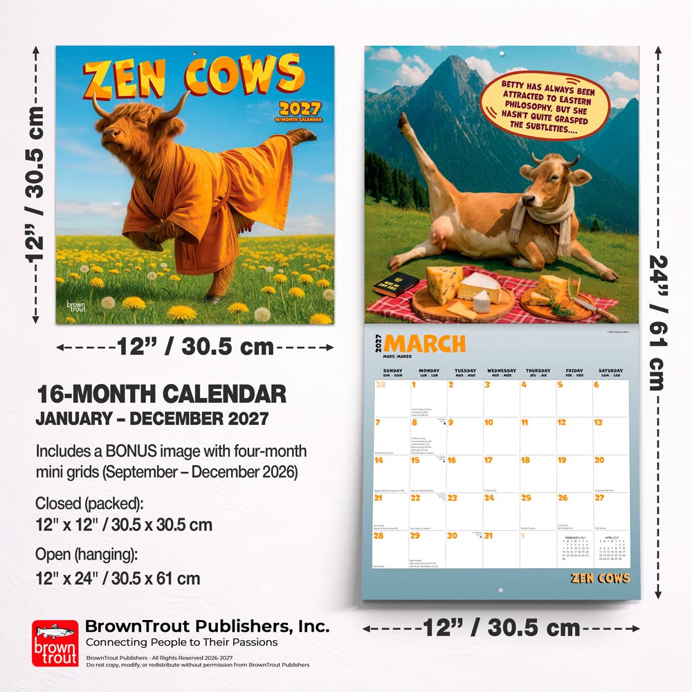 Zen Cows | 2027 12 x 24 Inch (Hanging) Monthly Square Wall Calendar