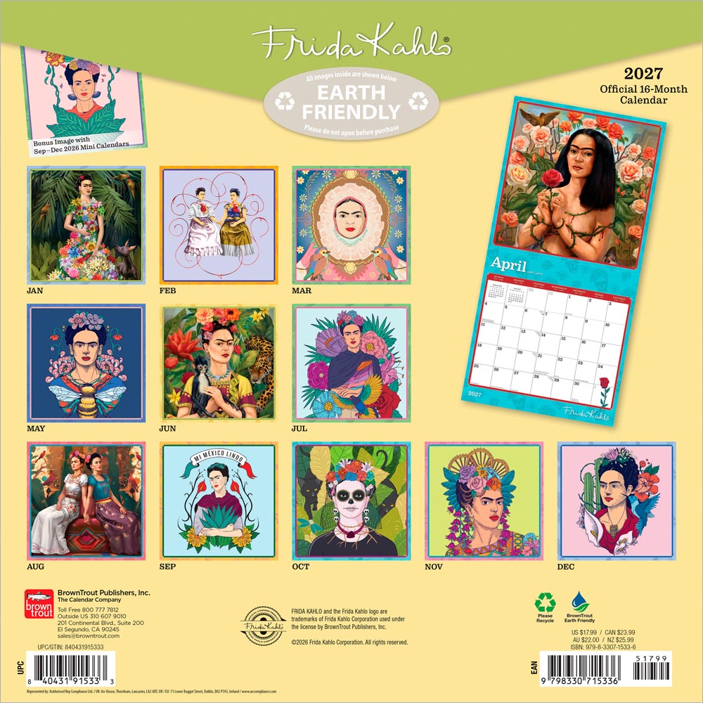Frida Kahlo OFFICIAL | 2027 12 x 24 Inch (Hanging) Monthly Square Wall Calendar