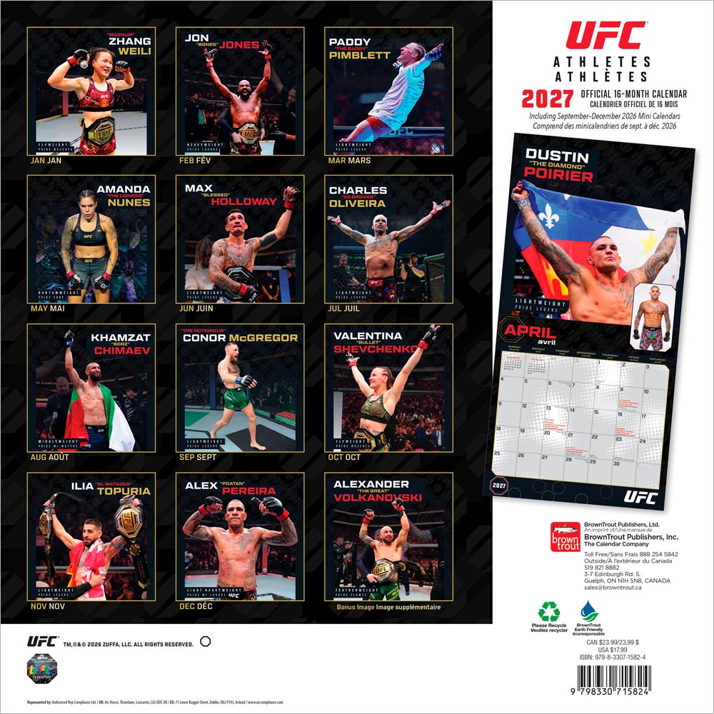 Ultimate Fighting Championship OFFICIAL | UFC Athletes | 2027 12 x 24 Inch (Hanging) Monthly Square Wall Calendar | English/French Bilingual