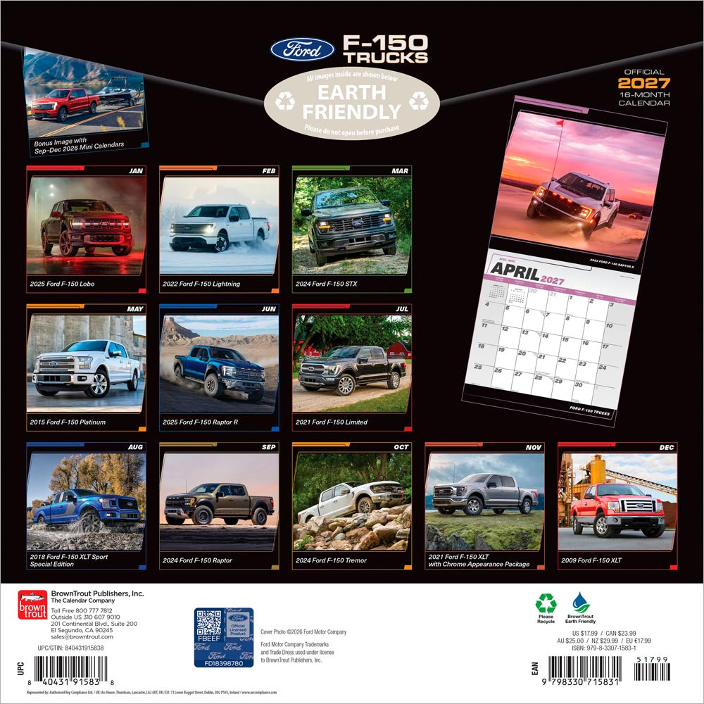 Ford F150 Trucks OFFICIAL | 2027 12 x 24 Inch (Hanging) Monthly Square Wall Calendar