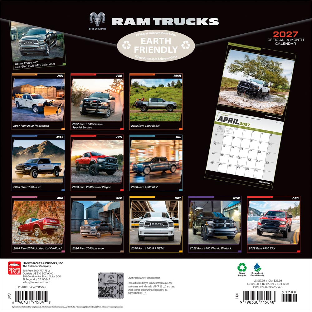Ram Trucks OFFICIAL | 2027 12 x 24 Inch (Hanging) Monthly Square Wall Calendar | Foil Stamped Cover