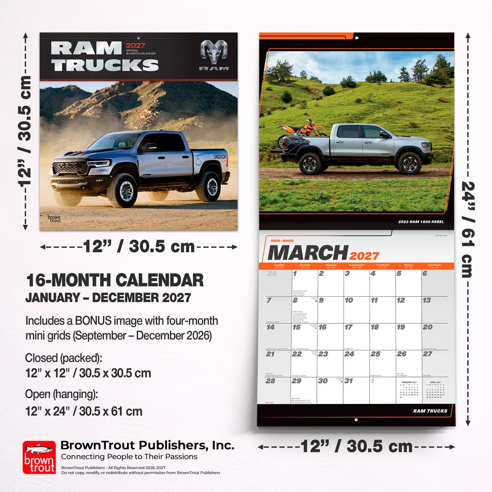 Ram Trucks OFFICIAL | 2027 12 x 24 Inch (Hanging) Monthly Square Wall Calendar | Foil Stamped Cover