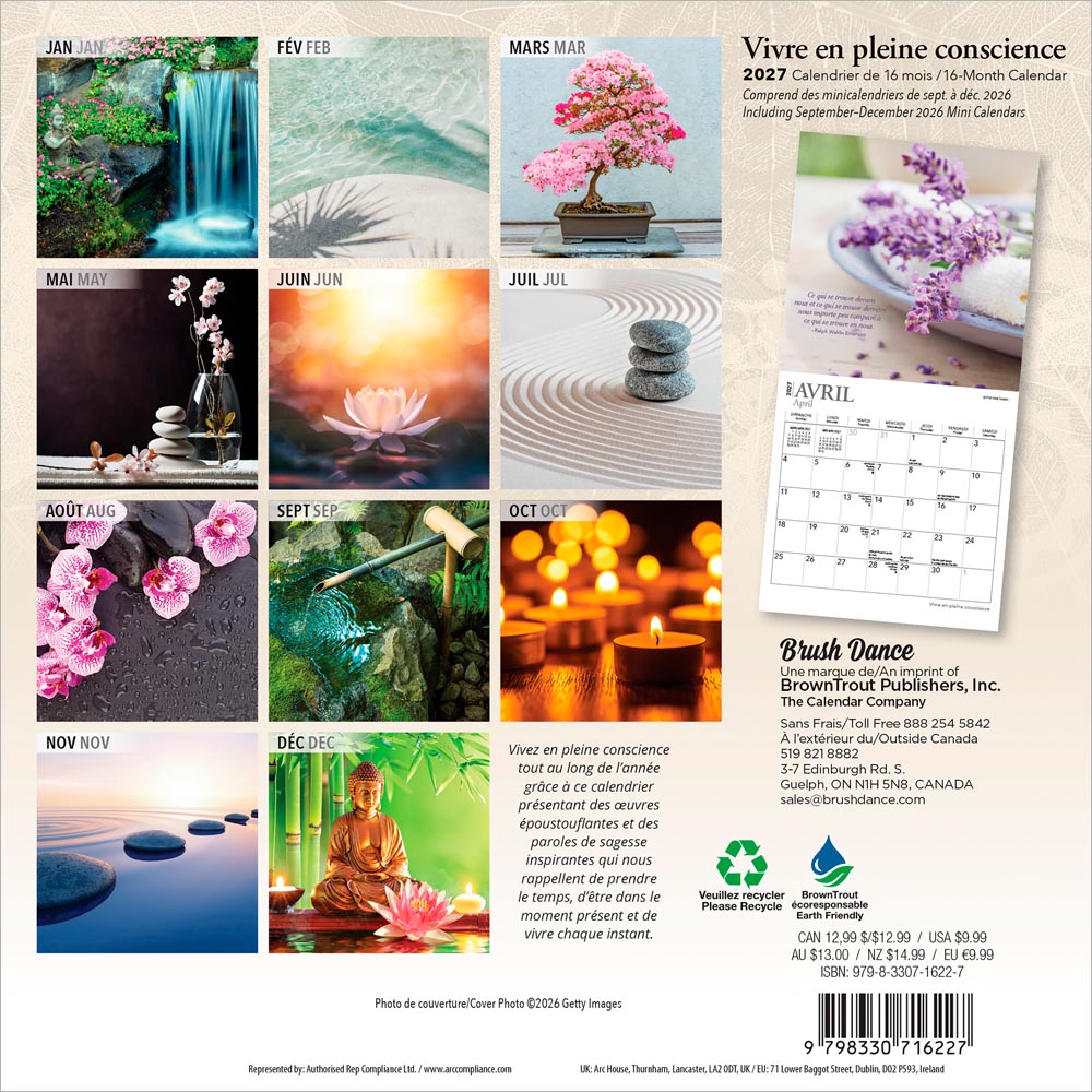 Vivre en pleine conscience | 2027 7 x 14 Inch (Hanging) Monthly Mini Wall Calendar | French Language