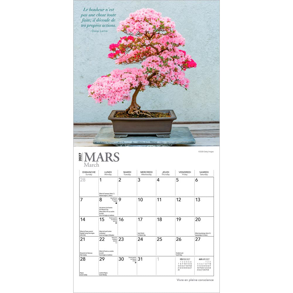 Vivre en pleine conscience | 2027 7 x 14 Inch (Hanging) Monthly Mini Wall Calendar | French Language