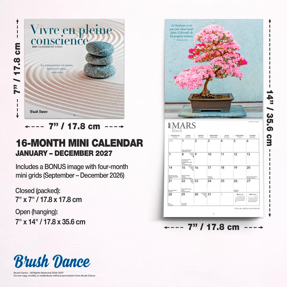 Vivre en pleine conscience | 2027 7 x 14 Inch (Hanging) Monthly Mini Wall Calendar | French Language