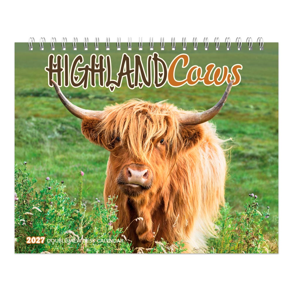 Highland Cows | 2027 7.5 x 6 Inch Monthly Double-View Easel Desk Calendar