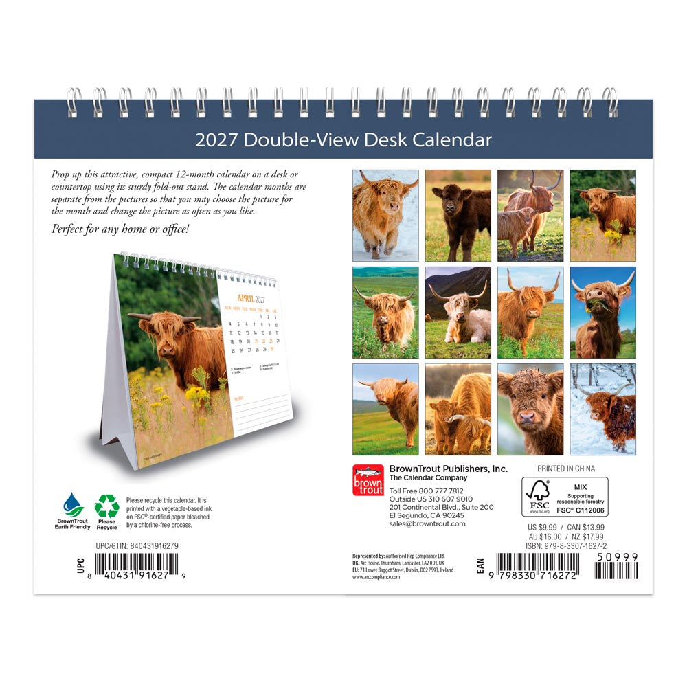 Highland Cows | 2027 7.5 x 6 Inch Monthly Double-View Easel Desk Calendar