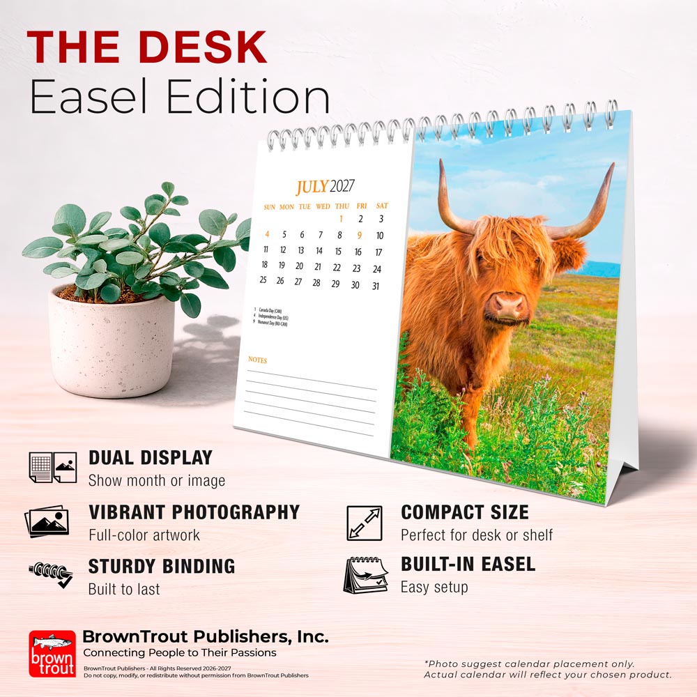 Highland Cows | 2027 7.5 x 6 Inch Monthly Double-View Easel Desk Calendar