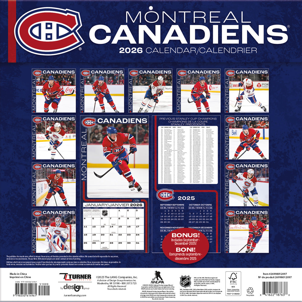 NHL Montreal Canadiens Bilingual 2026 12x12 Wall Calendar