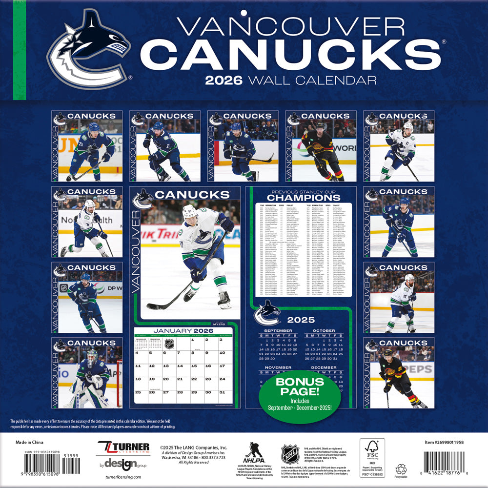 NHL Vancouver Canucks 2026 12x12 Wall Calendar