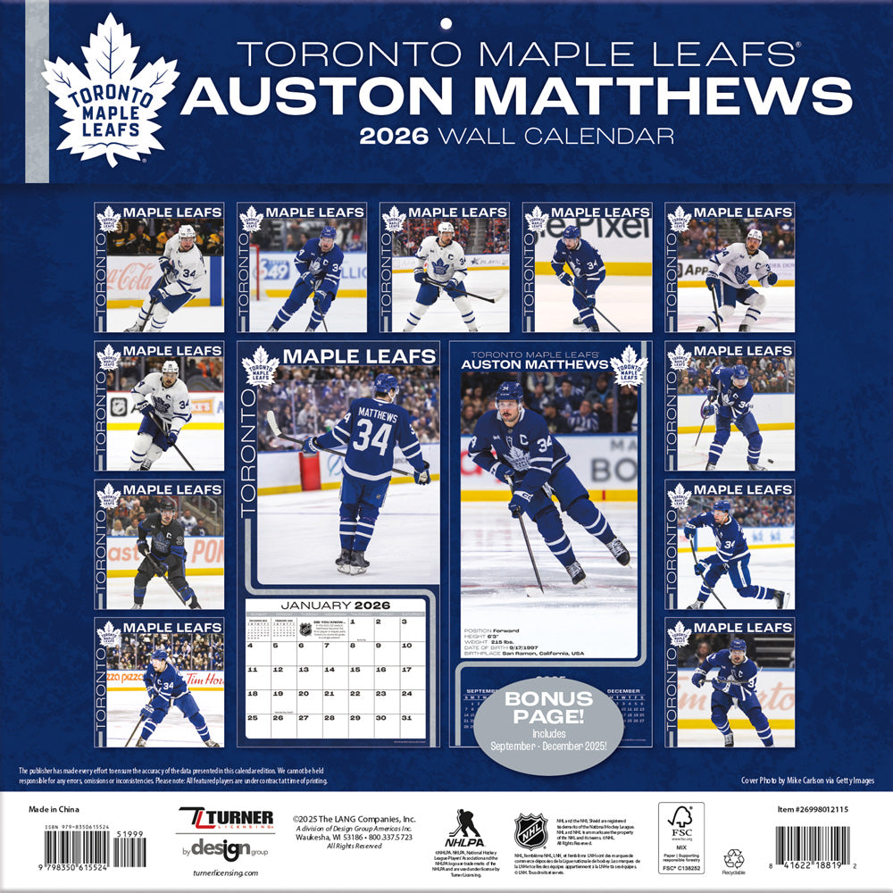 NHL Auston Matthews Toronto Maple Leafs 2026 12x12 Wall Calendar