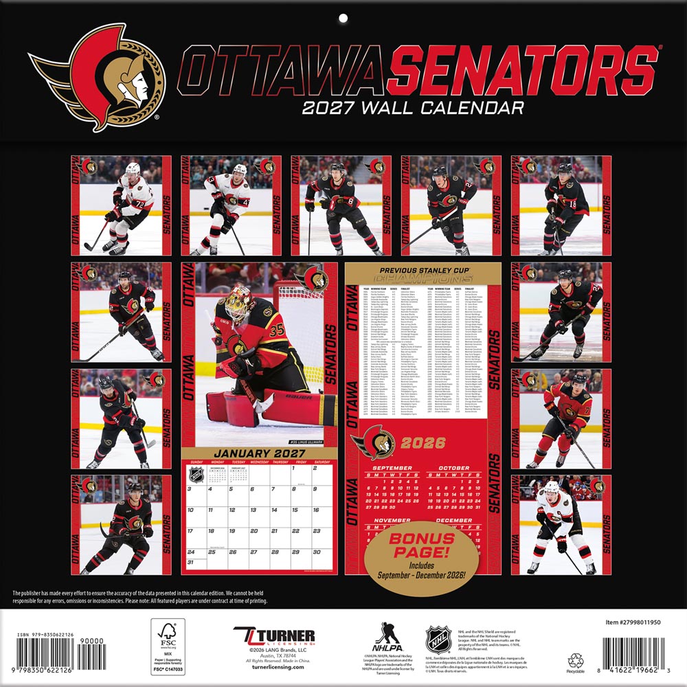 Ottawa Senators 2027 12X12 Team Wall Calendar Turner