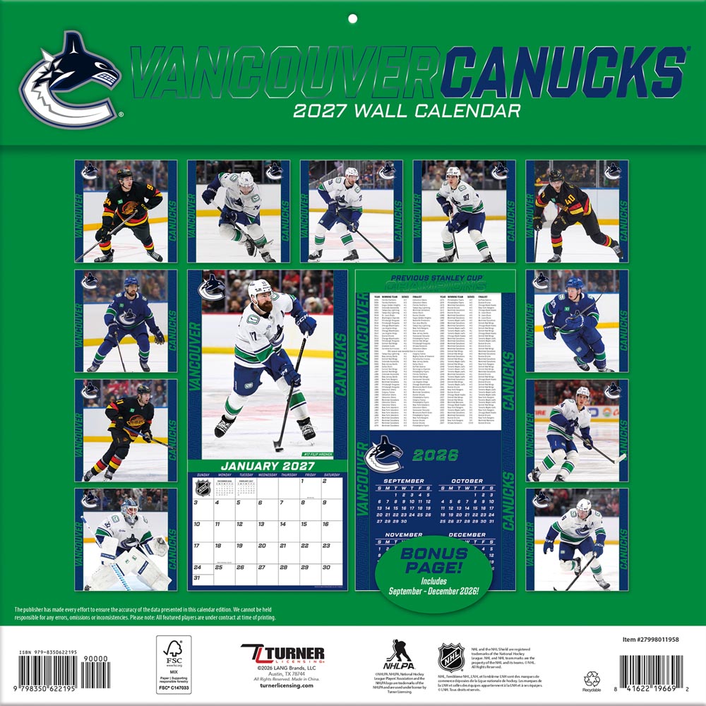 Vancouver Canucks 2027 12X12 Team Wall Calendar Turner