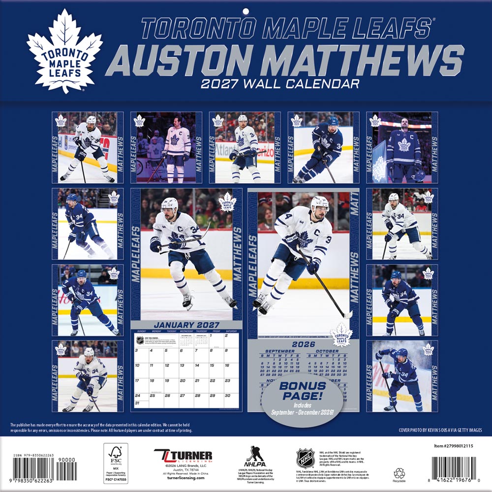 Auston Matthews 2027 12X12 Player Wall Calendar Turner