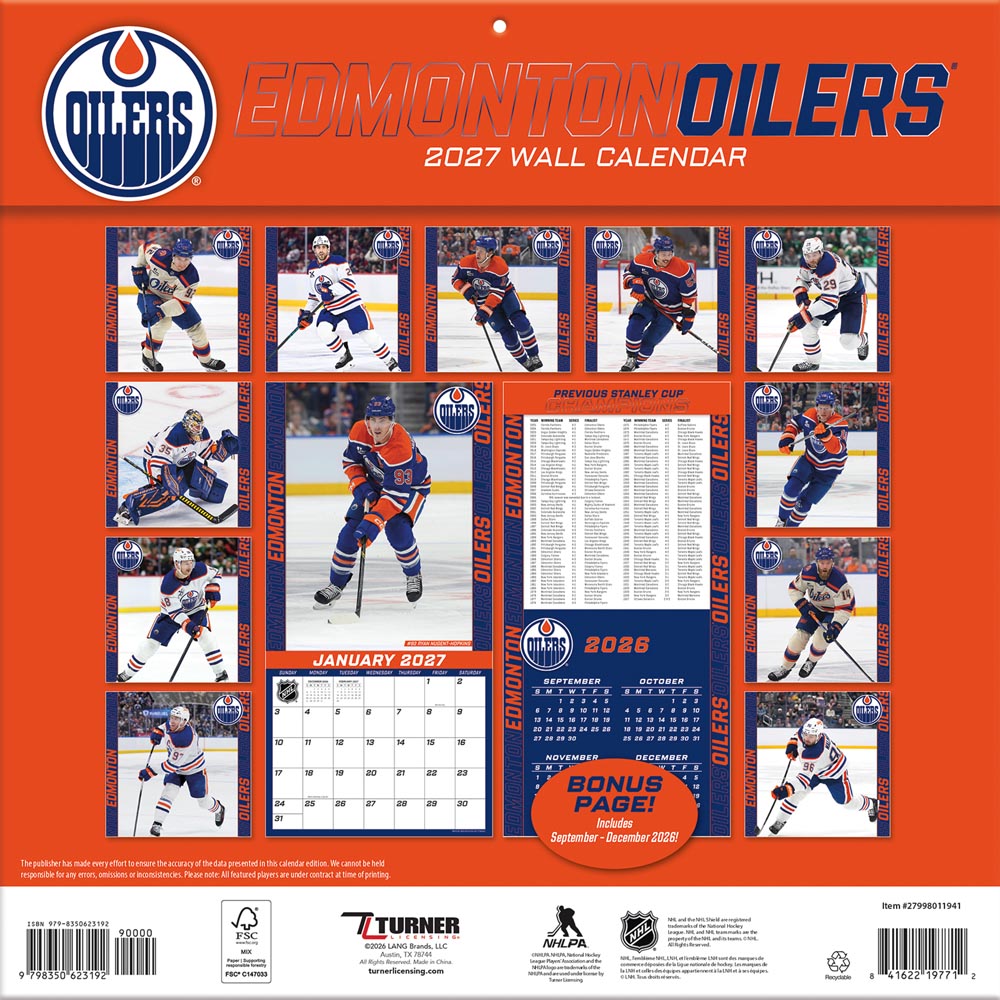 Edmonton Oilers 2027 12X12 Team Wall Calendar Turner